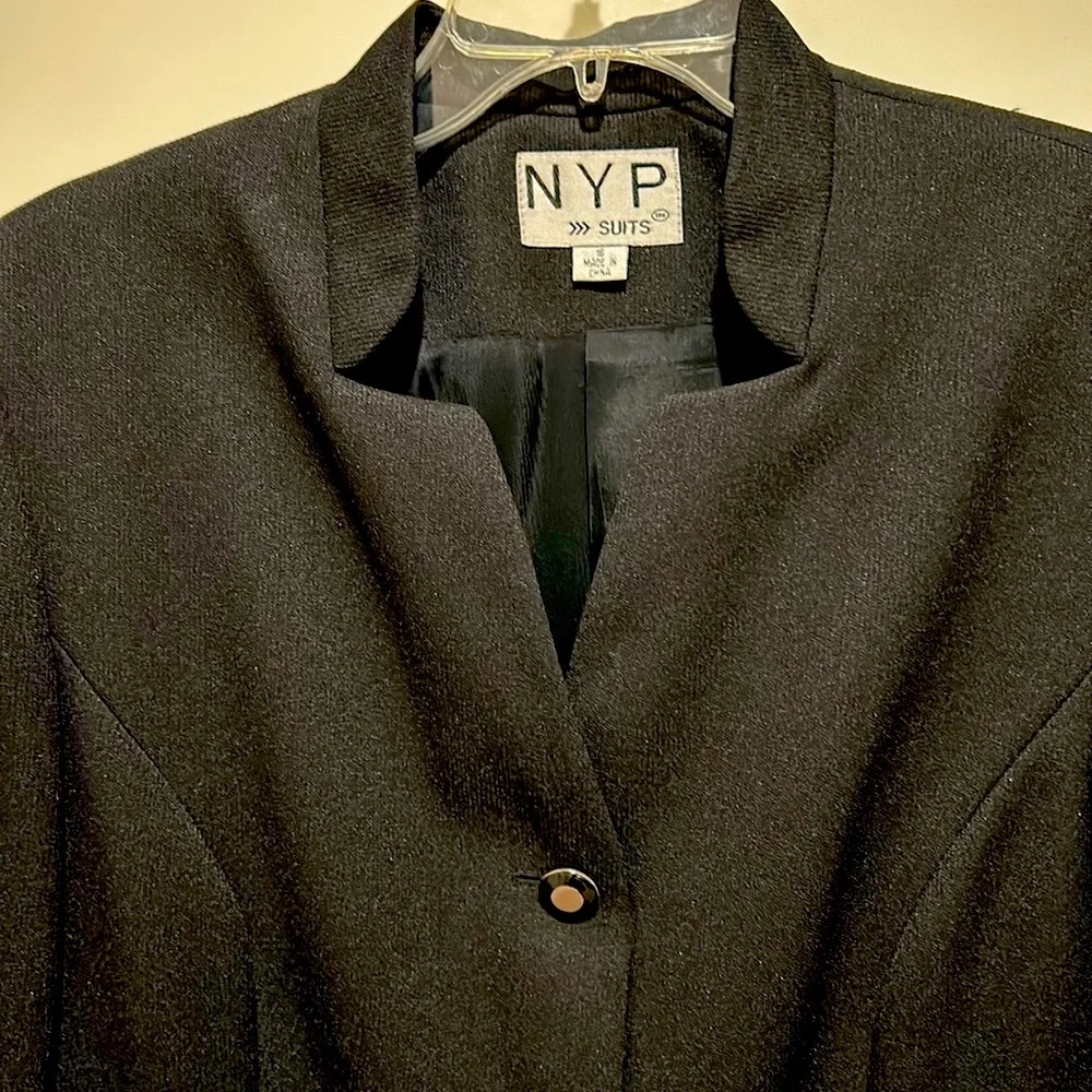 NYP Suits, 3-button black blazer and matching skirt, size 16
